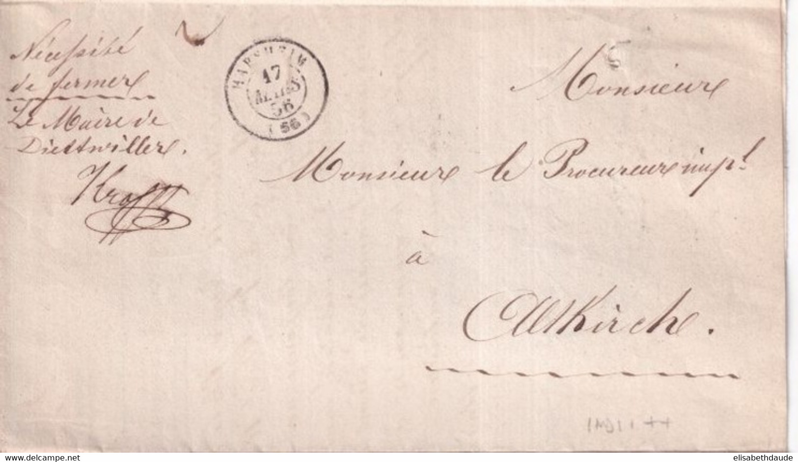 1856 - HAUT-RHIN - LETTRE En FRANCHISE ALLER Et RETOUR (ALTKIRCH / DIETTWILLER) Avec T15 ALTKIRCH + HABSHEIM (RARE) - Frankobriefe