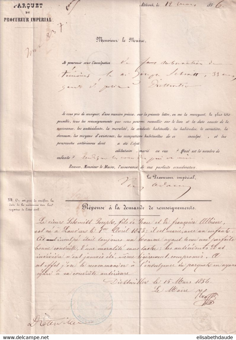 1856 - HAUT-RHIN - LETTRE En FRANCHISE ALLER Et RETOUR (ALTKIRCH / DIETTWILLER) Avec T15 ALTKIRCH + HABSHEIM (RARE) - Lettres Civiles En Franchise