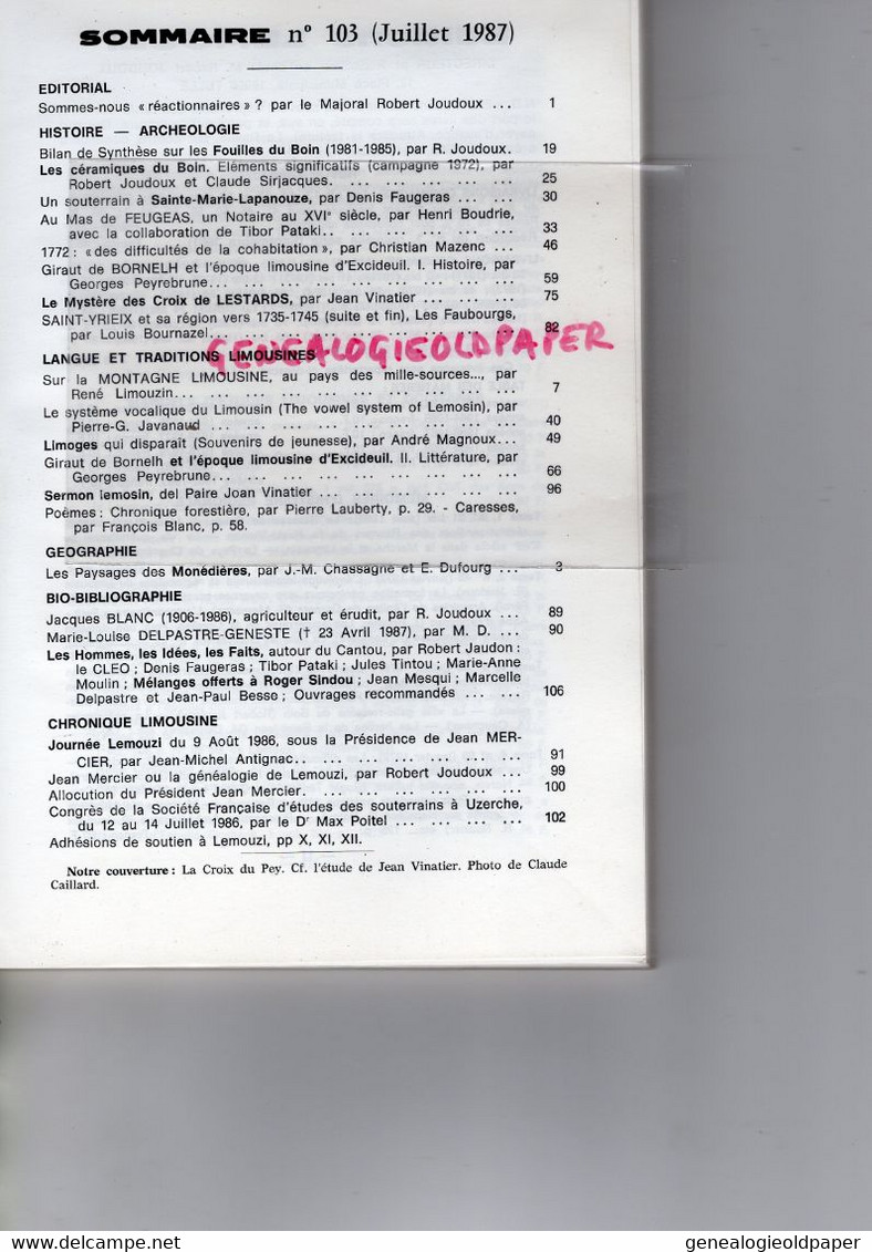 87- ST SAINT YRIEIX LA PERCHE- LEMOUZI N° 103- 1987-CROIX DE LESTARDS-LIMOGES-MONEDIERES-PEYRELEVADE-LE LONZAC-BOIN- - Limousin