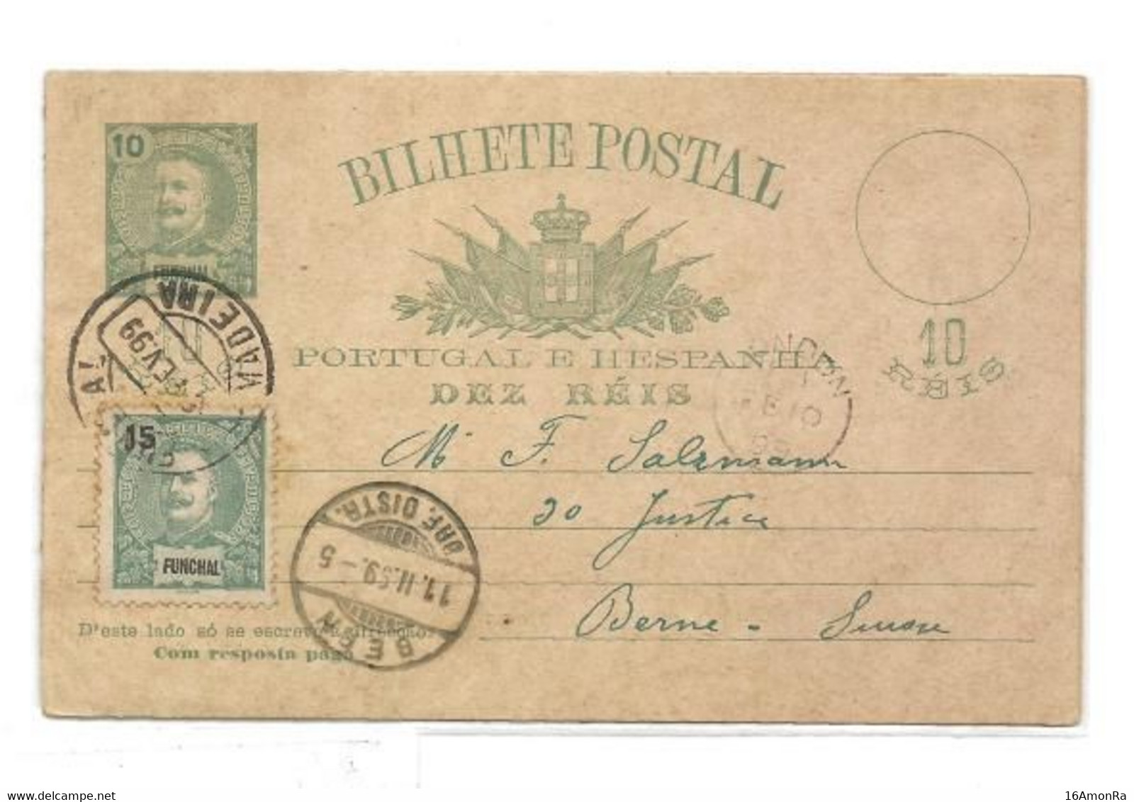 FUNCHAL  E.P. Carte Avec Réponse Postal Stationery Reply Card 10r. + 10r. Green On Cream + Tp 15r. Green, Canc. FUNCHAL - Autres & Non Classés