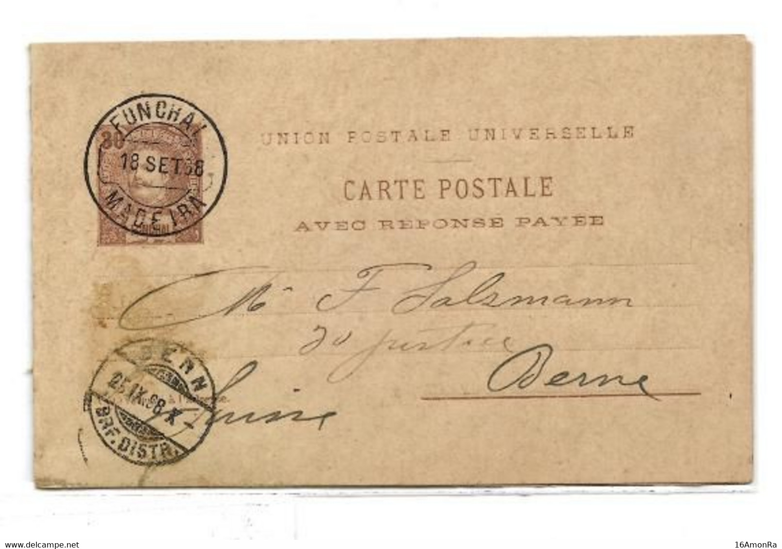 FUNCHAL  E.P. Carte Avec Réponse Postal Stationery Reply Card 30r. + 30r.. Grey-purple Brown On Cream, Canc. FUNCHAL MAD - Andere & Zonder Classificatie