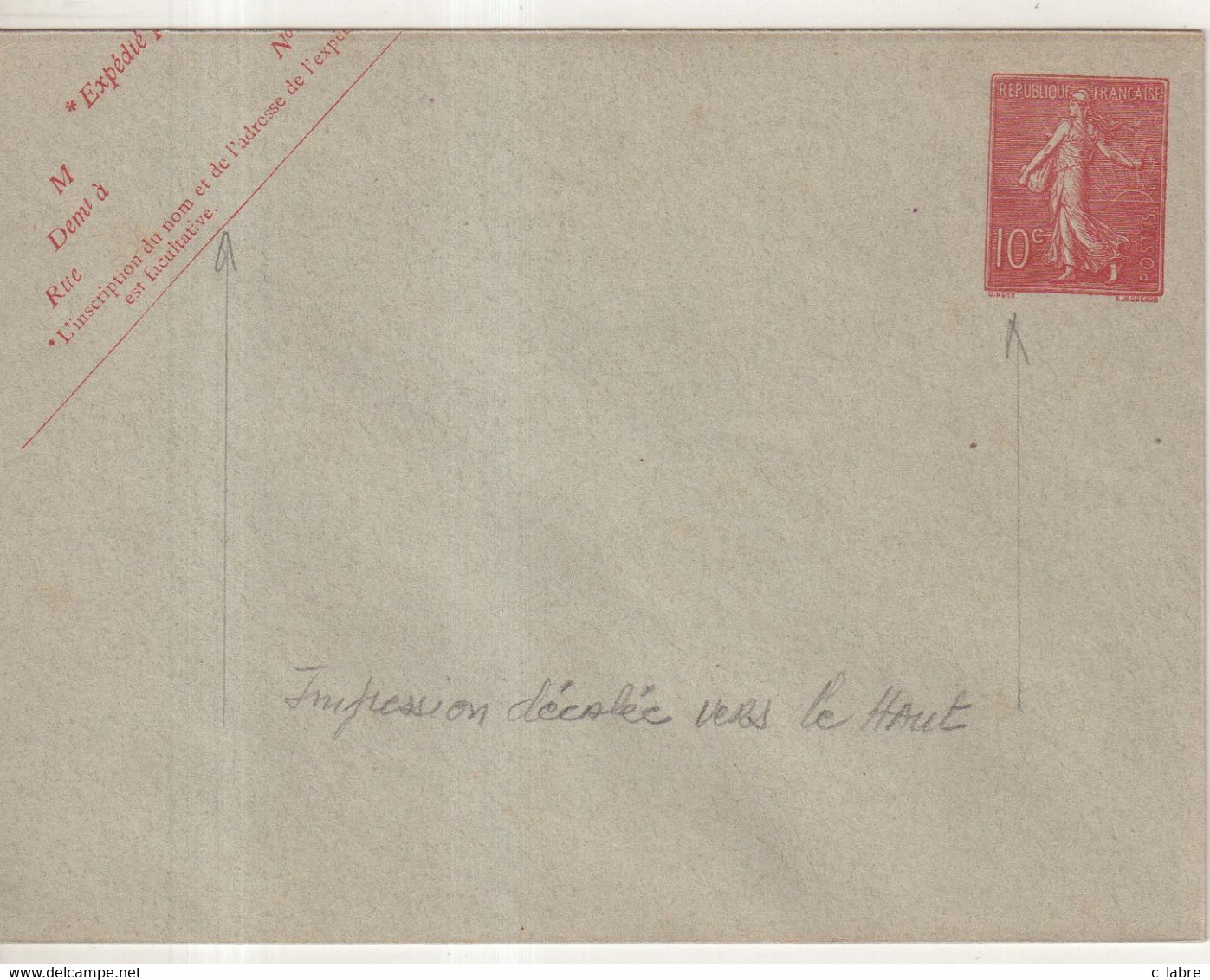 FRANCE : ENTIER POSTAL . 10 Cts . TYPE SEMEUSE LIGNEE . ENV . IMPRESSION DECALEE . 1906 . - Standard- Und TSC-Briefe (vor 1995)