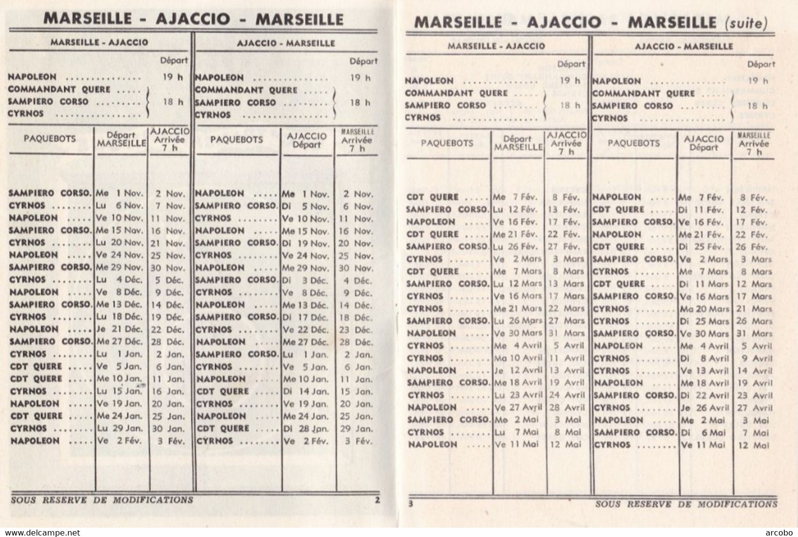 LIVRET DE LA Cie Gle TRANSATLANTIQUE DES DEPARTS CORSE/CONTINENT/CORSE - N°30  DE NOVEMBRE 1961 - MAI 1962 - Europa