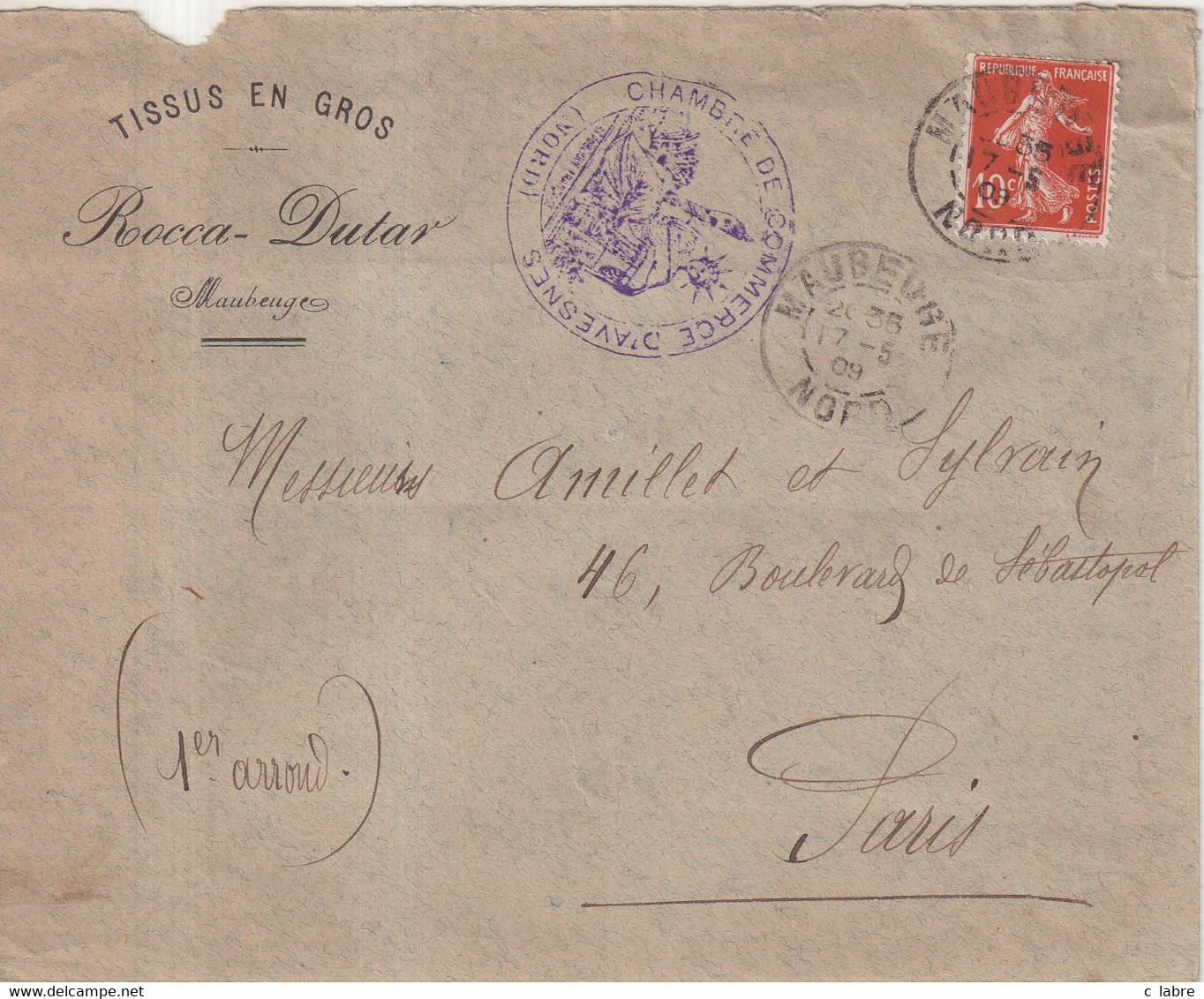 FRANCE : TYPE SEMEUSE . CHAMBRE DE COMMERCE DE MAUBEUGE . 1909 . - Cartas & Documentos
