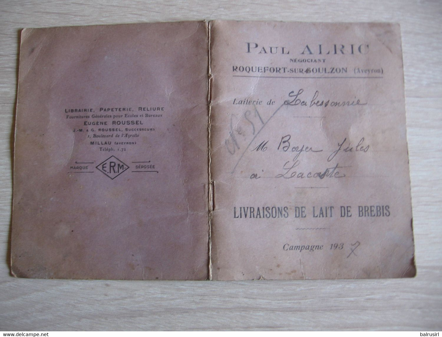 Paul ALRIC  Negociant Roquefort : Livraison De Lait De Brebis 1937 - Roquefort