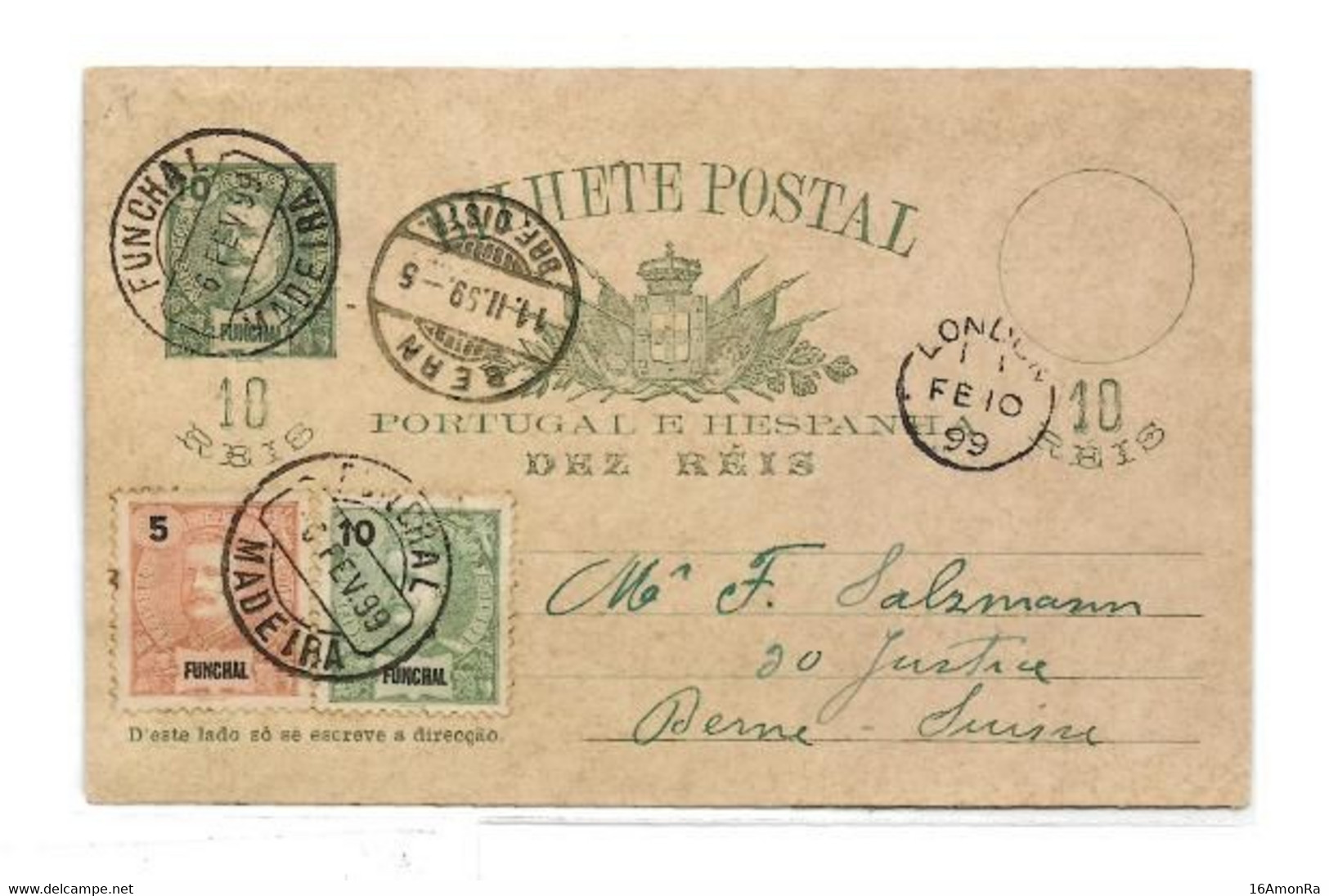 FUNCHAL  E.P. Carte Postal Stationery Card 10r. Green On Cream + Tp 5r. Orange And 10r. Green, Canc. FUNCHAL MADEIRA 6 F - Sonstige & Ohne Zuordnung