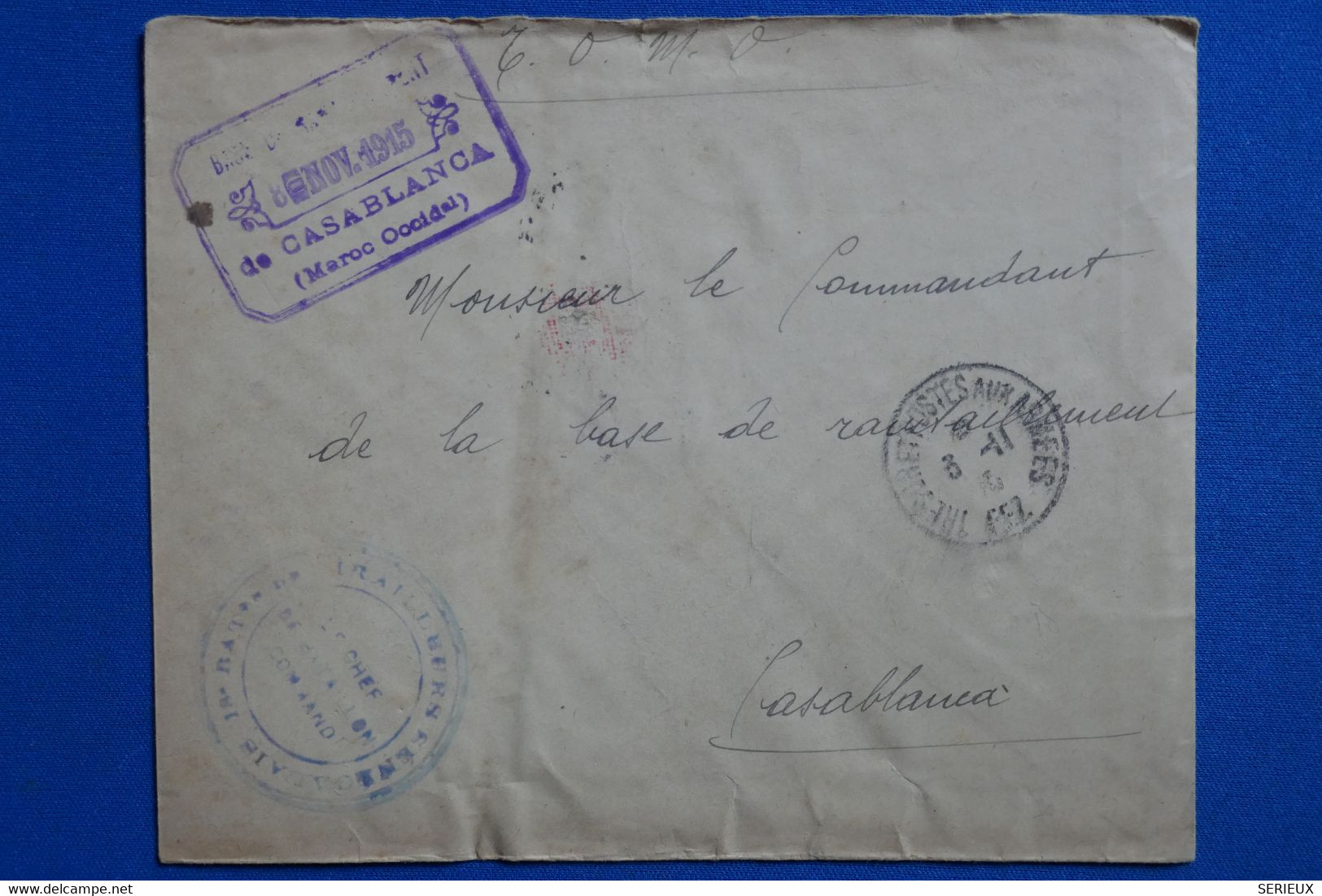 Y11 MAROC OCCIDENTAL  BELLE LETTRE RARE 1915 CASABLANCA + BATAILLON DES TIRAILLEURS SENEGALAIS+ AFFR. INTERESSANT - Briefe U. Dokumente