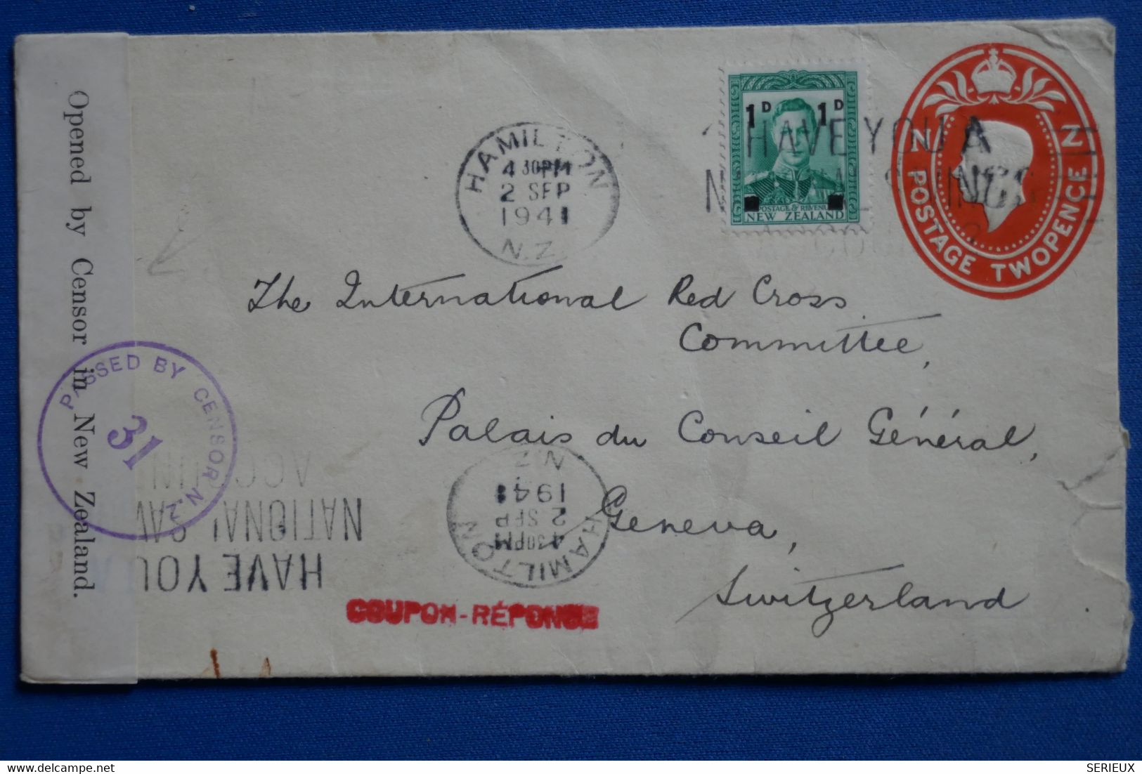 Y11 NEW ZEALAND  BELLE LETTRE RARE CENSUREE 1941 HAMILTON  POUR GENEVA SUISSE  + + AFFR. INTERESSANT - Lettres & Documents