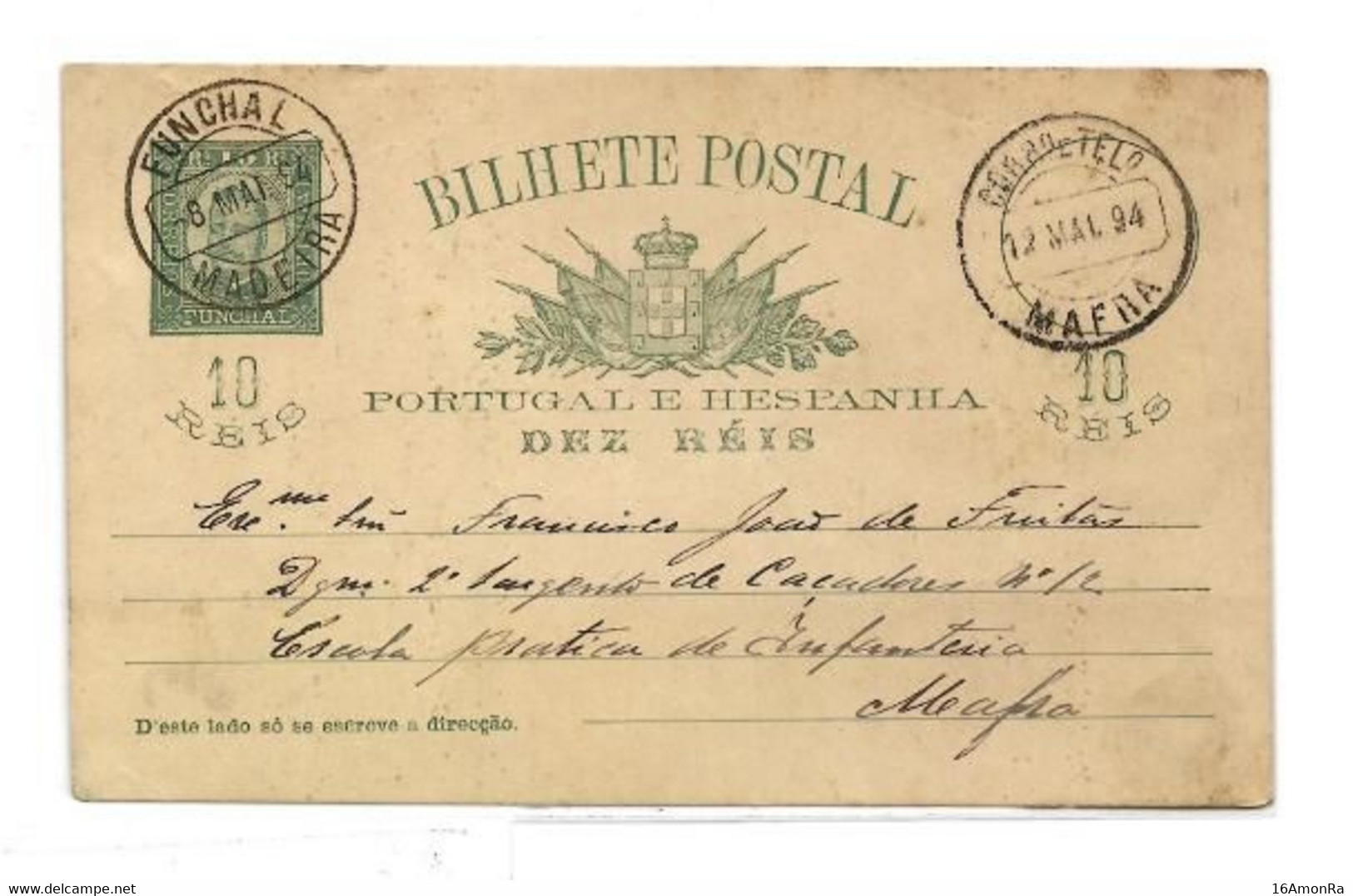 FUNCHAL  E.P. Carte Postal Stationery Card 10r. Green On Cream Canc. FUNCHAL MADEIRA 6 MAI 1894 to Mafra.  Very Fresh. - Andere & Zonder Classificatie