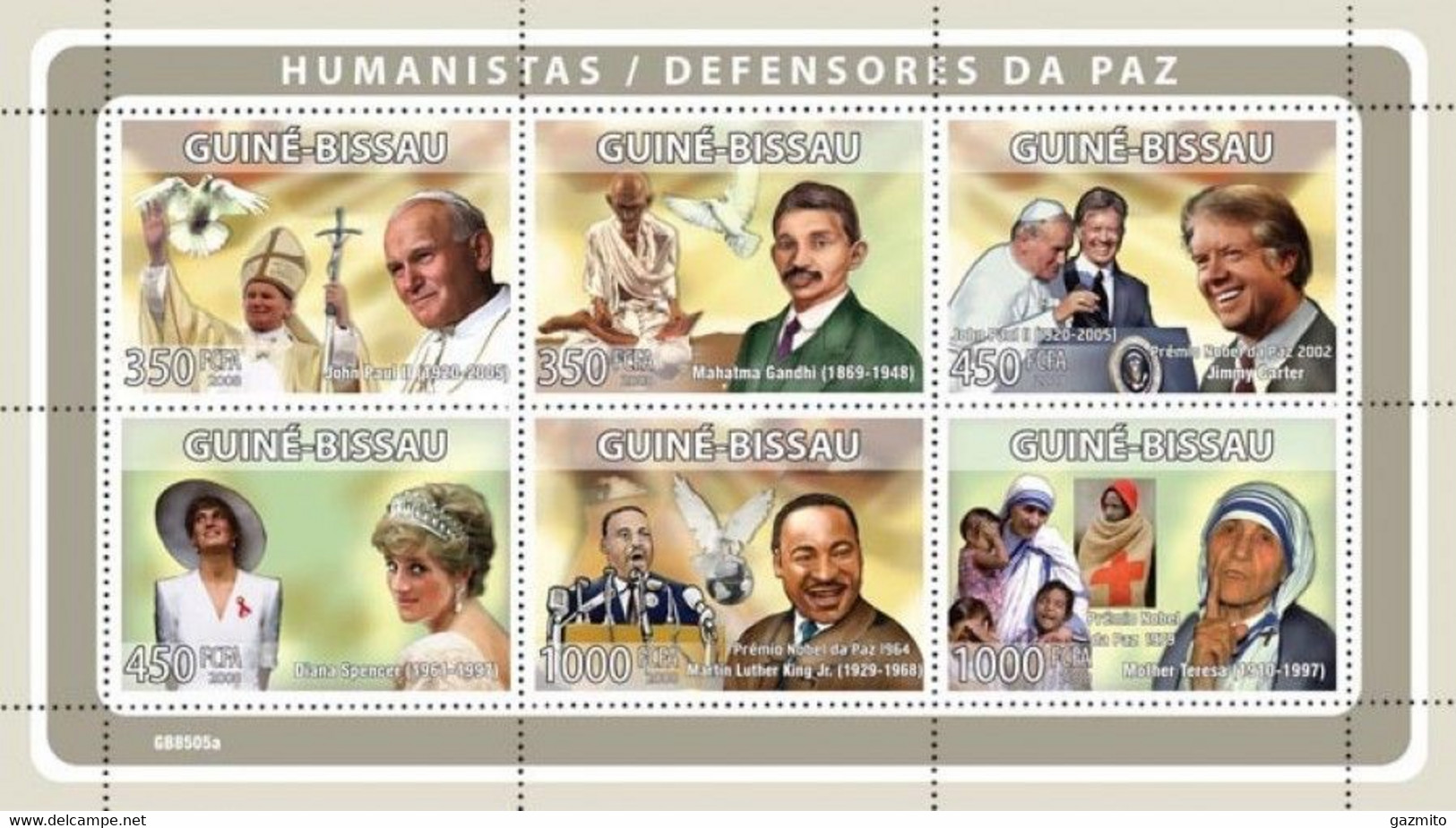 Guinea Bissau 2008, Humanistas, Pope J. Paul II, Gandhi, Diana, M. L. King, M. Teresa, 6val In BF - Martin Luther King