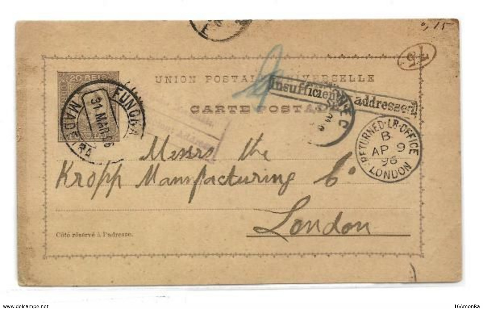 FUNCHAL  E.P. Carte Postal Stationery Card  20r. Purple-grey On Cream Canc. FUNCHAL MADEIRA 31 Mar. 1896 to London (Grea - Other & Unclassified