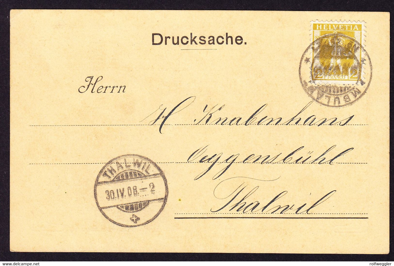 1908 Drucksachen Karte Mit Bahnpost 2 Rp Nach Thalwil. Einladung Fussball Club Zürichsee. Young Fellows - Storia Postale