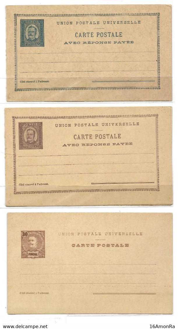 FUNCHAL Lot Of 3 E.P. Carte Postal Stationery Card : 2 Reply Card (20r.+ 20r. Violet-grey And 30r.+ 30r. Bleu) And 1 Sin - Altri & Non Classificati