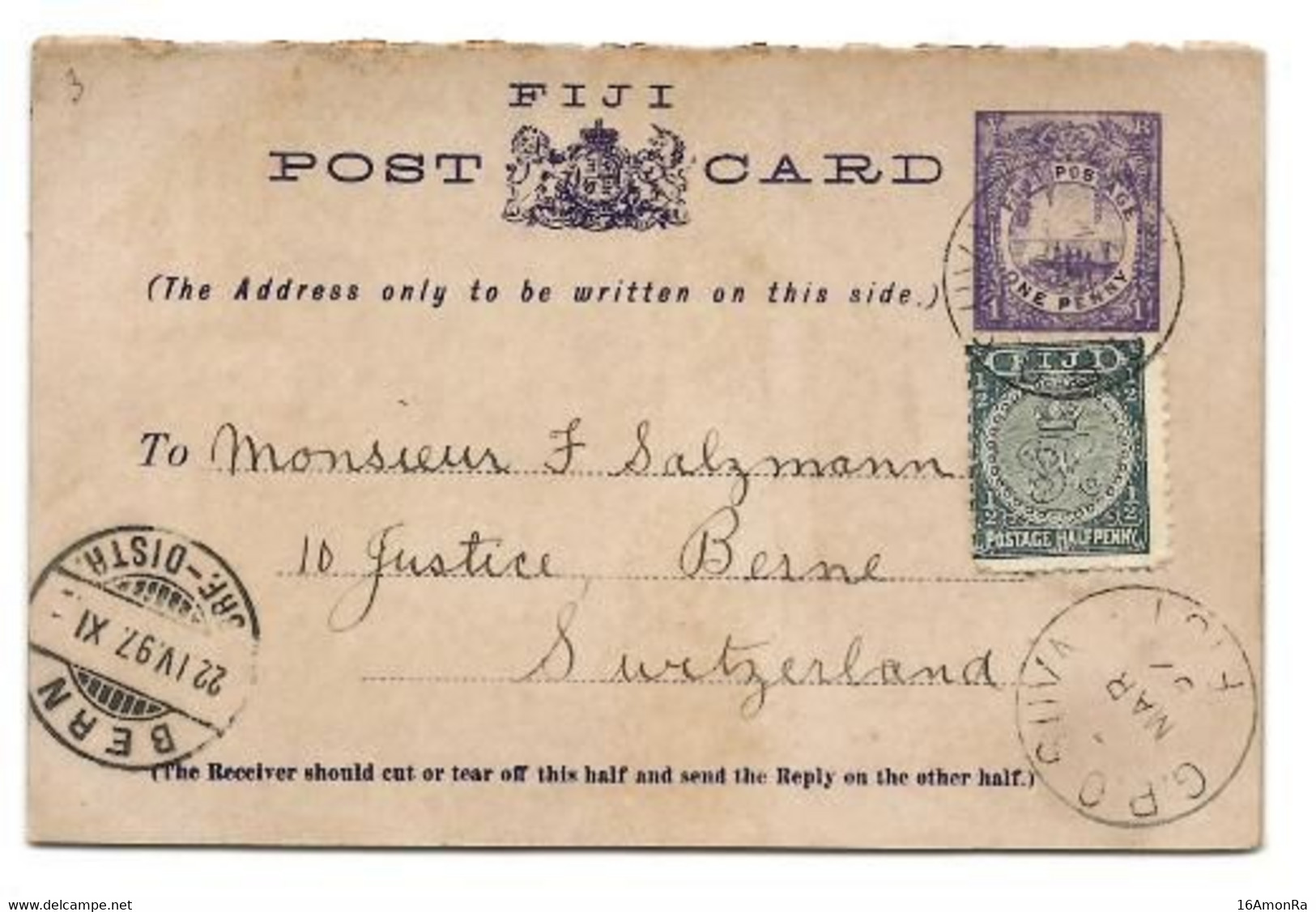 FIJI E.P. Carte Avec Réponse Postal Stationery Reply Card 1p. + 1p. Violet On Grey + Tp ½p. Green,  Canc. G.PO. SUVA FIJ - Fiji (...-1970)