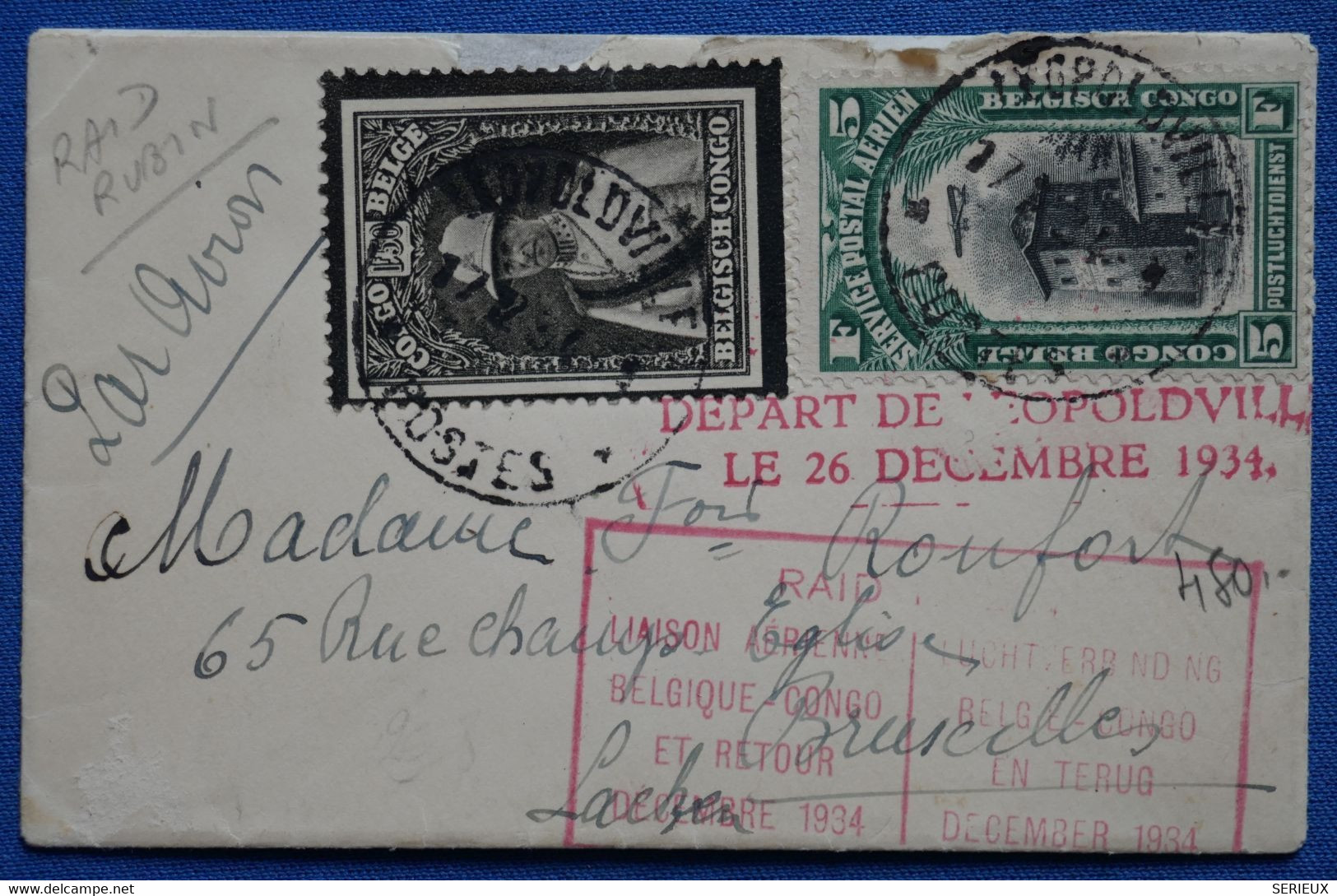 C CONGO BELGE  LETTRE SPECIALE  1934 LEOPOLDVILLE POUR   BRUXELLES + RAID RUBIN + AFFRANCH. INTERESSANT - Covers & Documents