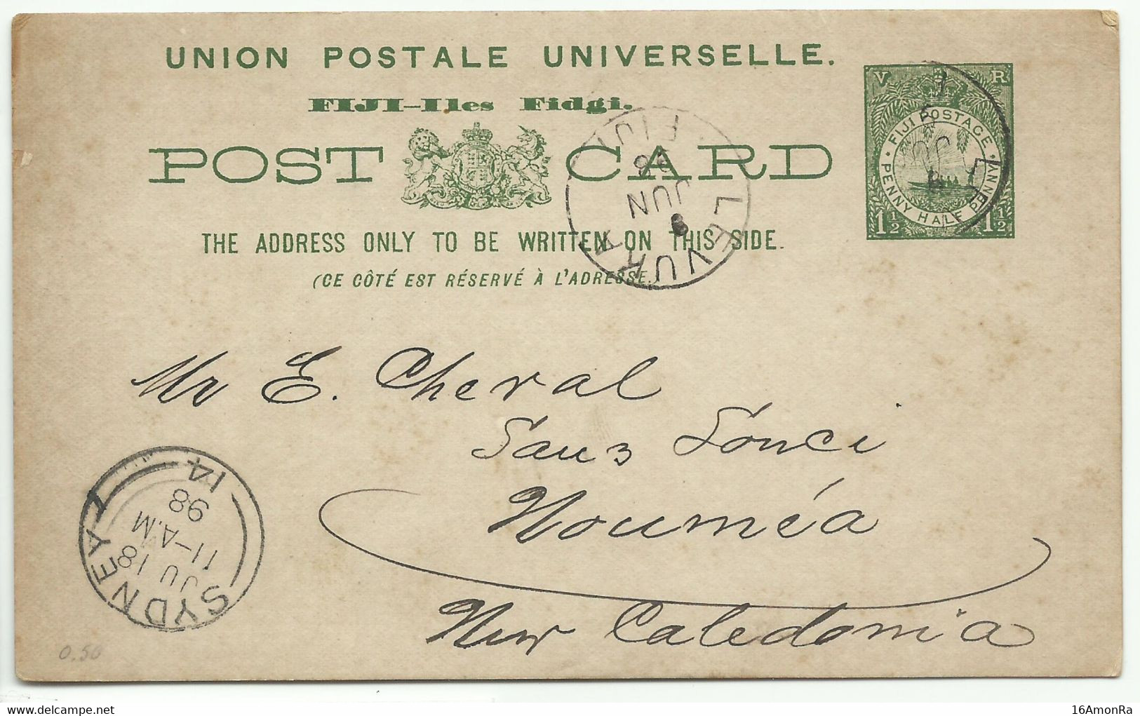 FIJI E.P. Carte Postal Stationery Card 1½p. Green On Cream,  Canc. G.PO. SUVA FIJI 9 June 1898 to Nouméa  (New Caledonia - Fiji (...-1970)