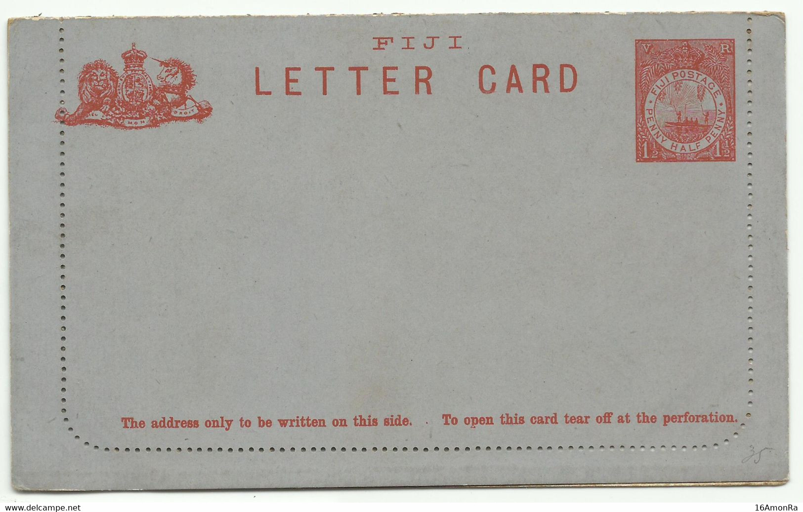 FIJI E.P. Carte-lettre Postal Stationery Letter Card 1½p. Vermillon Red On Purple-grey,  Mint.    TB - W1196 - Fidschi-Inseln (...-1970)