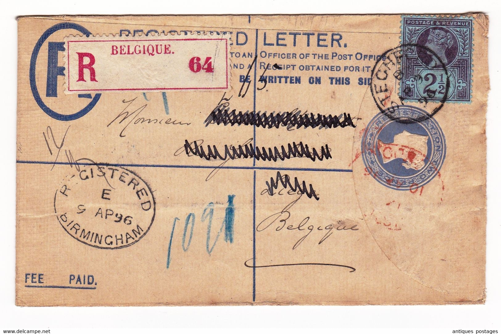 Lettre Recommandée 1896 Registered Entier Postal Birmingham England Liège Belgique Registration Two Pence - Entiers Postaux