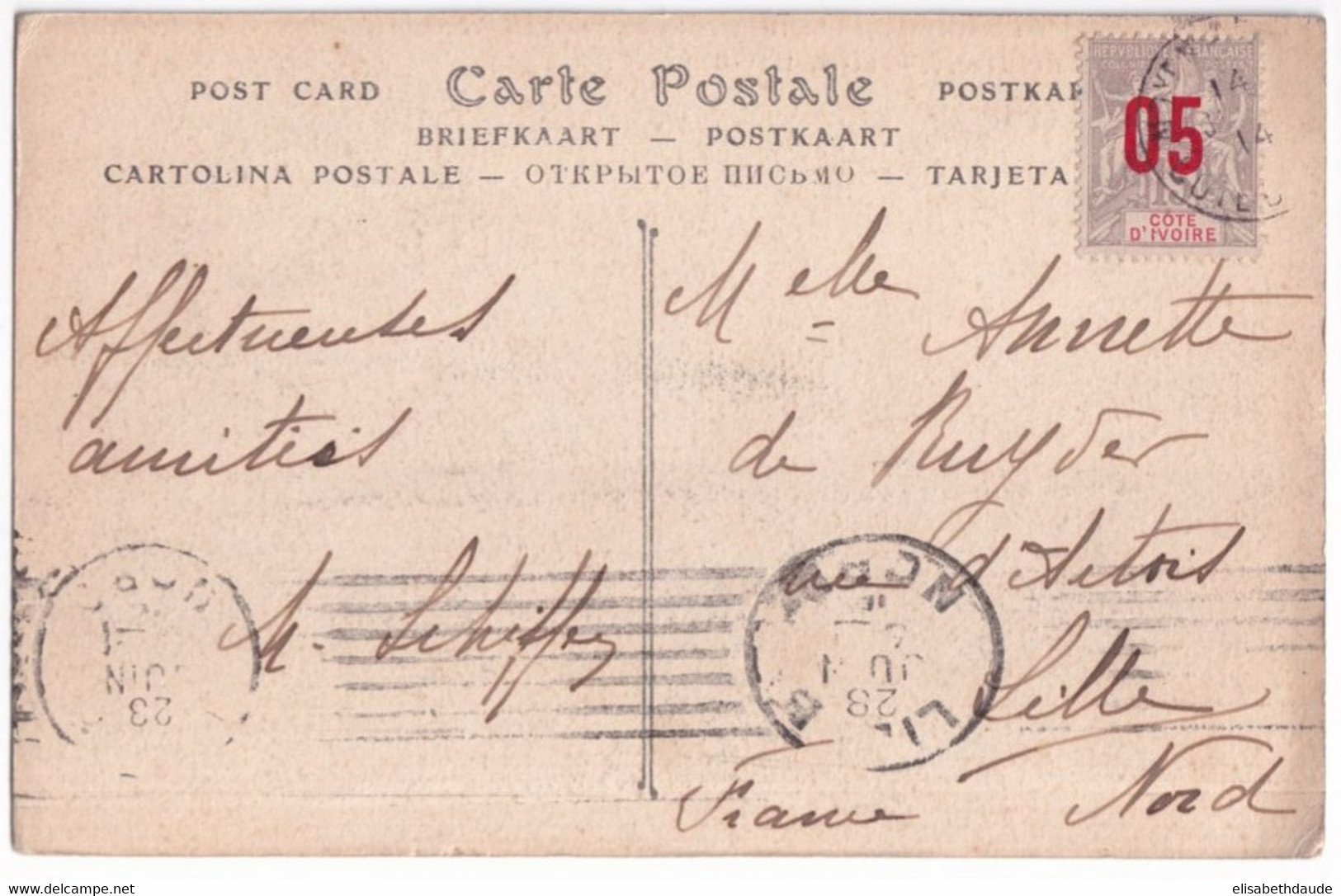 COTE D'IVOIRE - 1914 - CACHET De TABOU (ANNEE OUVERTURE DU BUREAU !)  Sur CARTE => LILLE - Lettres & Documents