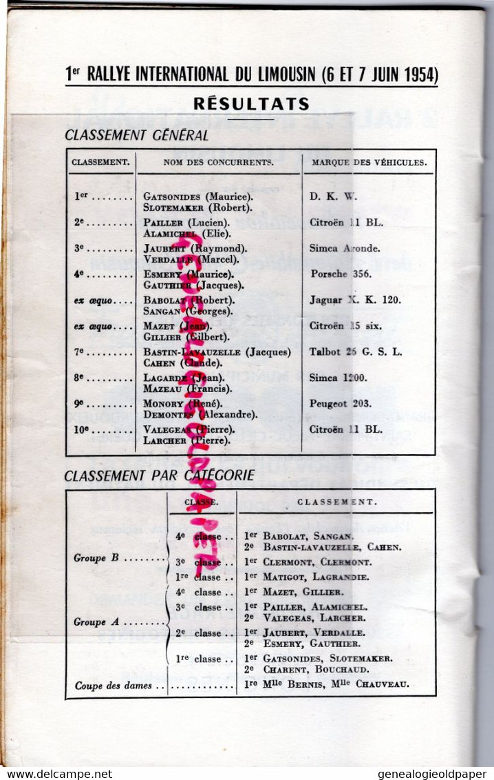 87- LIMOGES-TULLE-BRIVE-LOURDOUEIX-NIEUL-CIEUX-GUERET-GRAND BOURG- 2 RALLYE INTERNATIONAL LIMOUSIN-1955-AUTOMOBILE CLUB