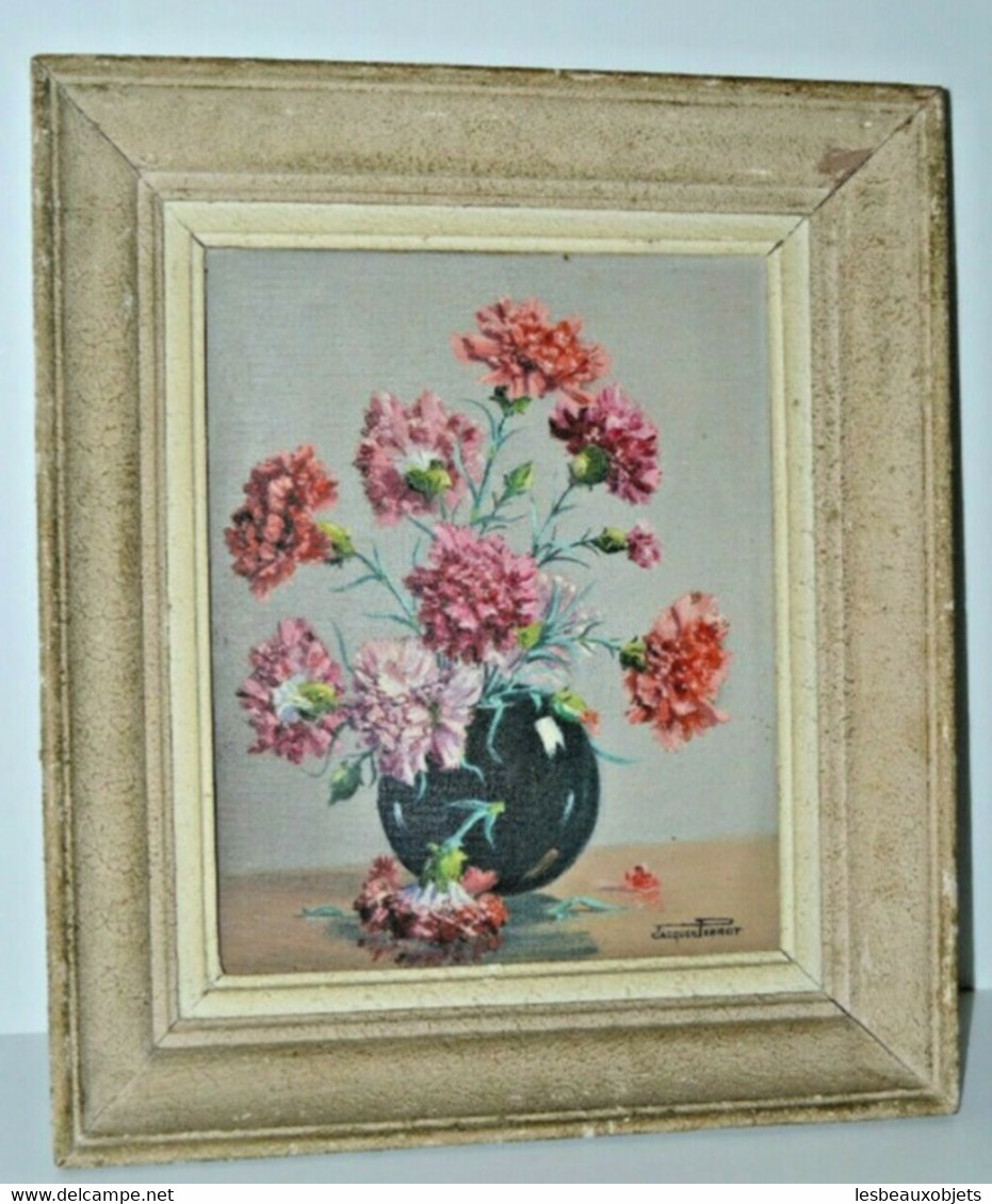 TABLEAU NATURE MORTE HST De Jacques PERROT 40 Cadre MONTPARNASSE BOUQUET OEILLETS FLEURS ROSES VASE - Olii