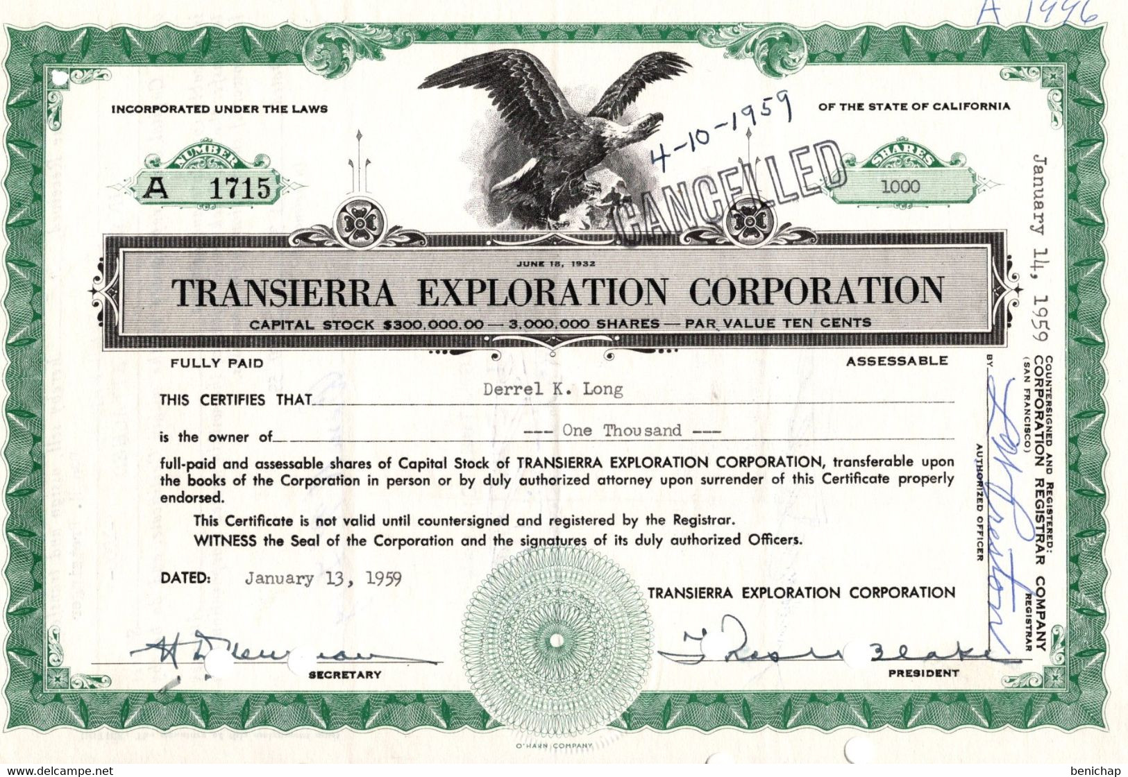 Titre De Bourse Transierra Exploration Corporation - San Francisco 1959. - Industrie