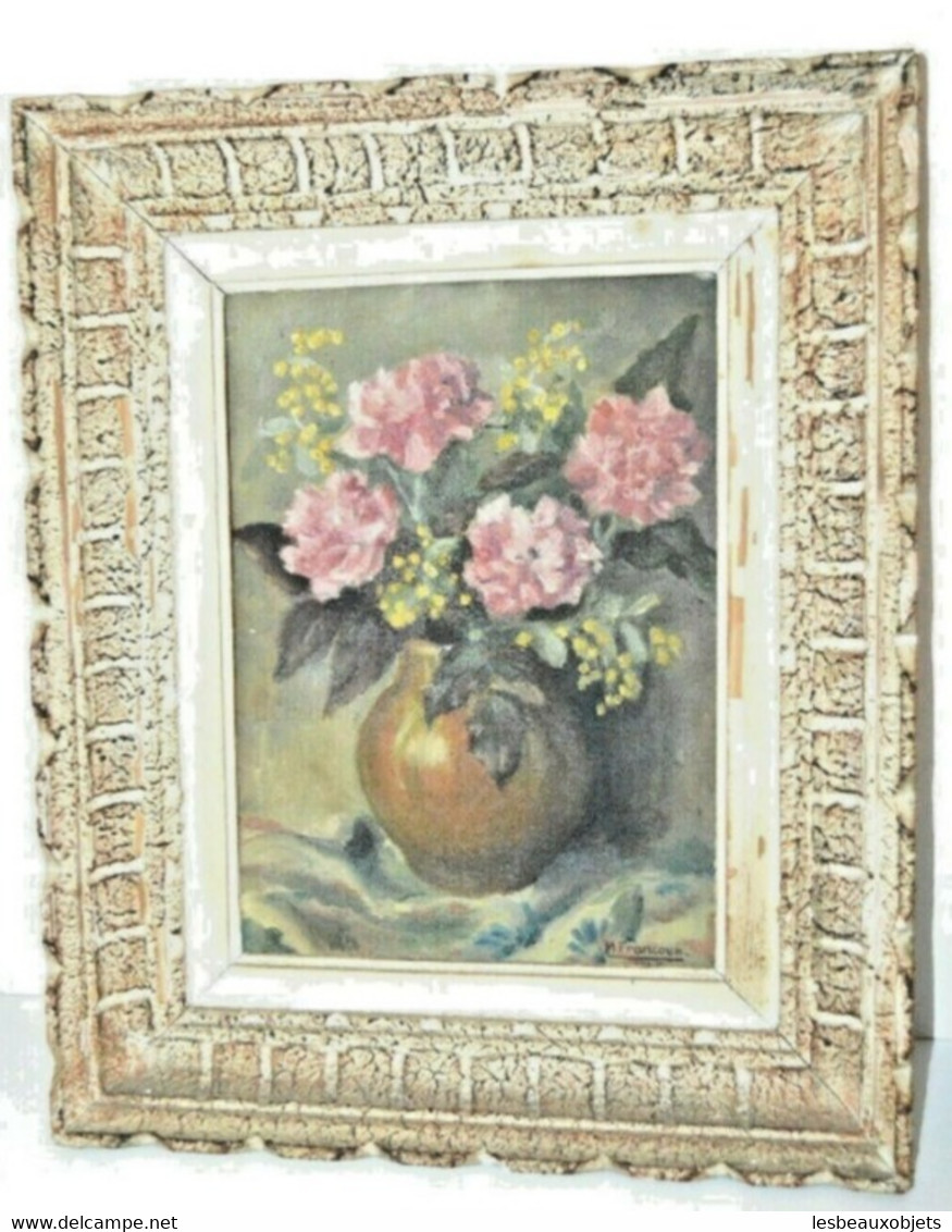 TABLEAU NATURE MORTE HST De M.FRANCOUR 45 Cadre MONTPARNASSE Déco Collection Bouquet De Fleurs Vases Peinture - Olii