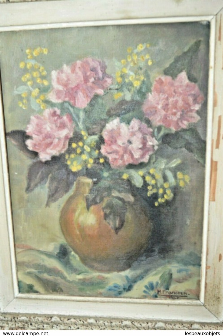 TABLEAU NATURE MORTE HST De M.FRANCOUR 45 Cadre MONTPARNASSE Déco Collection Bouquet De Fleurs Vases Peinture - Olii