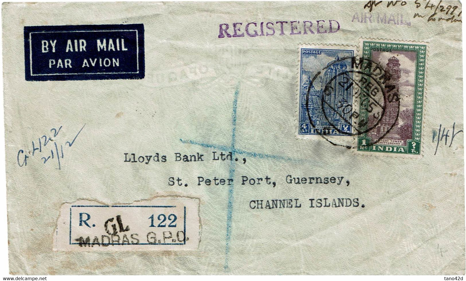 CTN70 - INDE LETTRE RECOMMANDEE MADRAS / GUERNESEY - Storia Postale