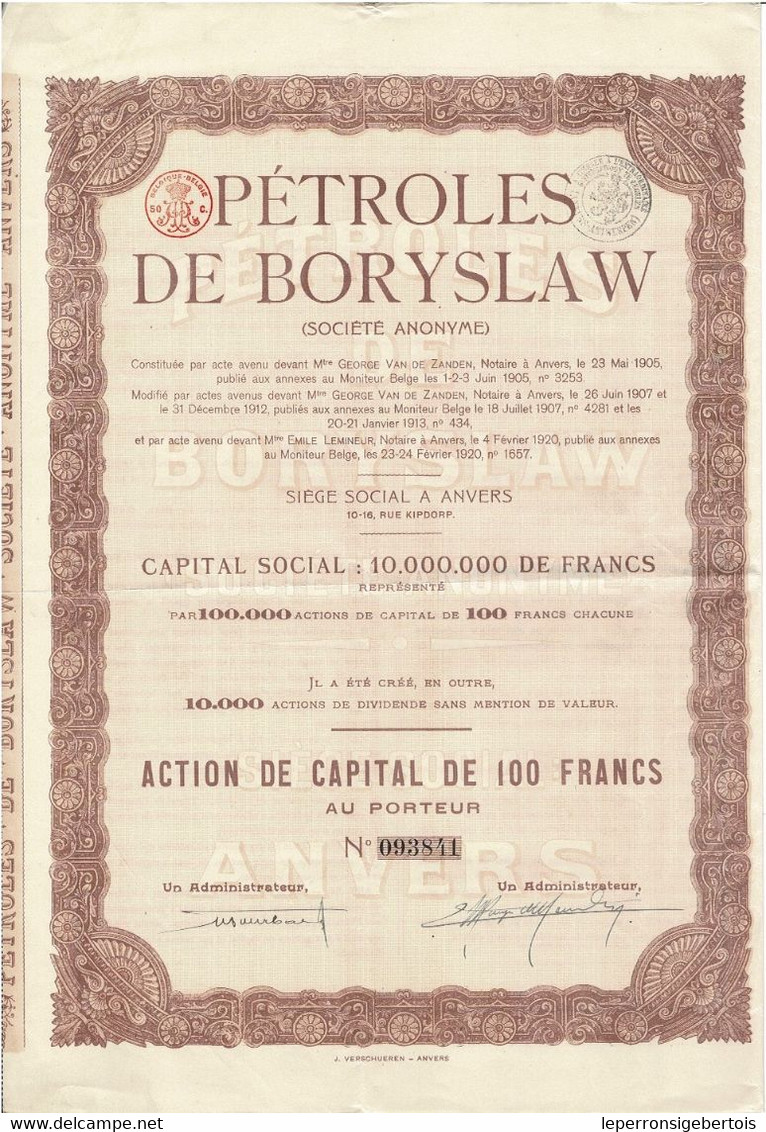 Titre Ancien - Pétroles De Boryslaw - Société Anonyme - Titre De 1920 - - Petrolio