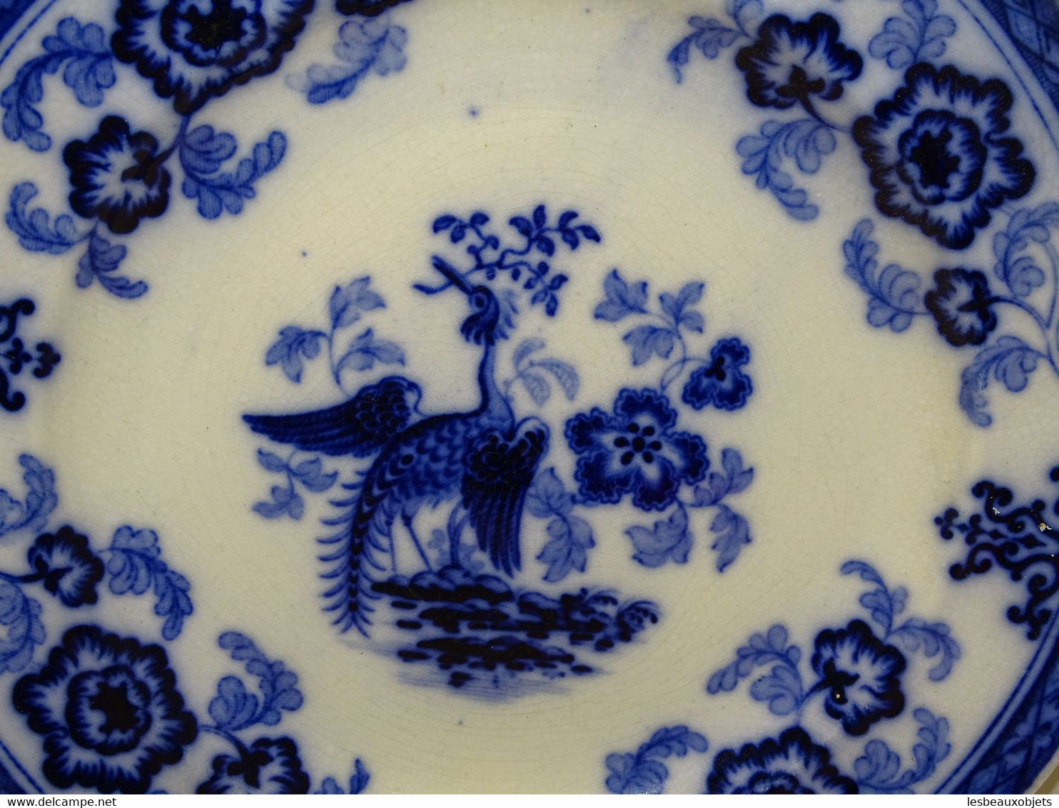 *SUPERBE ANCIEN PLAT CREIL & MONTEREAU décor HERON Belle couleur bleue collection E