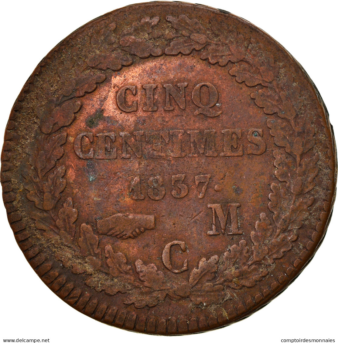 Monnaie, Monaco, Honore V, 5 Centimes, Cinq, 1837, Monaco, TB+, Cuivre, KM:95.2a - 1819-1922 Honoré V, Charles III, Albert I