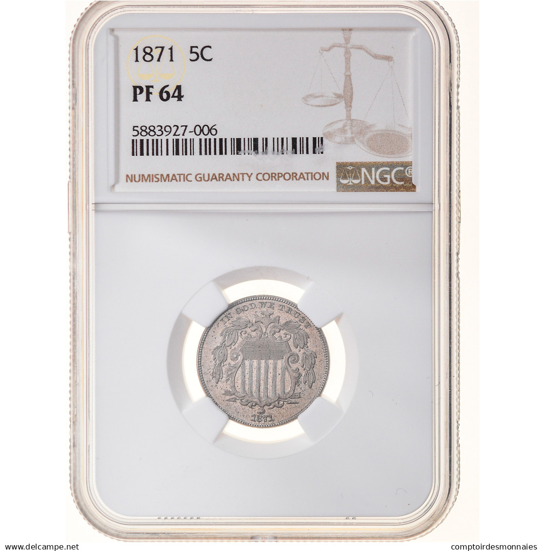 Monnaie, États-Unis, Shield Nickel, 5 Cents, 1871, Philadelphie, Proof, NGC - 1866-83: Shield (Écusson)