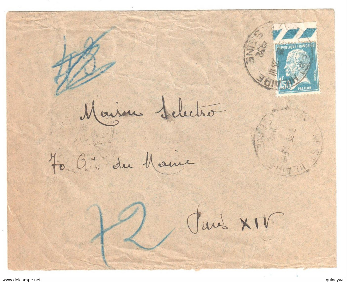 LA VARENNE St HILAIRE Seine Pneumatique Dest Paris 72 1,50 F Pasteur Yv 181 Bord De Feuille Ob 1932 - Covers & Documents