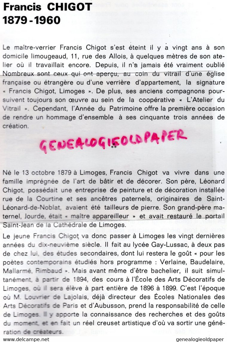 87- LIMOGES- ST SAINT LEONARD NOBLAT- FRANCIS CHIGOT MAITRE VERRIER-RARE CATALOGUE EXPOSITION 1980 ART DU VITRAIL - Limousin