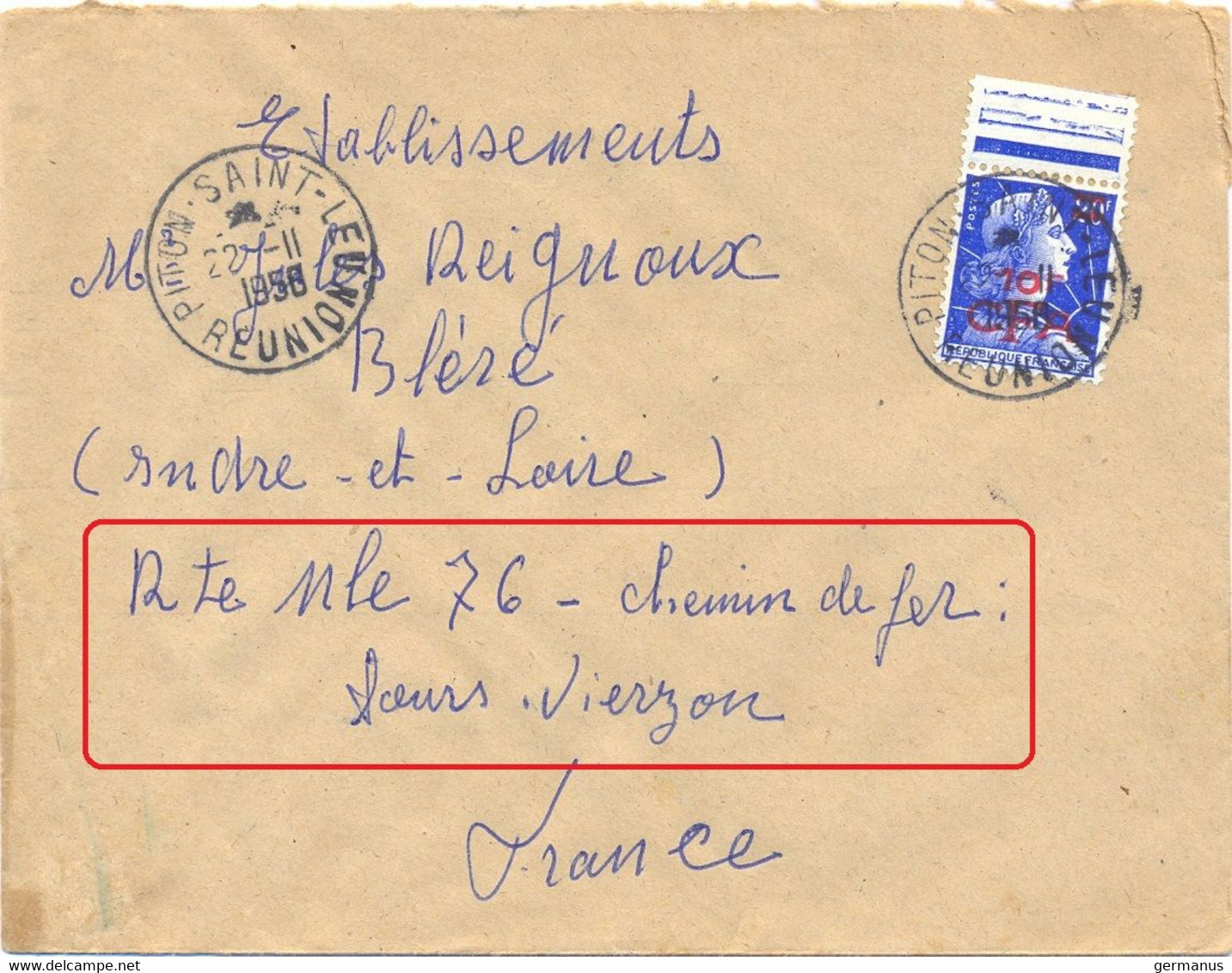 REUNION PITON-SAINT-LEU TàD Du 2211-1958 MARIANNE DE MULLER (1011B) 10 F..s. 20 F. YT 337 – ADRESSE AVEC PRÉCISIONS ! - Covers & Documents