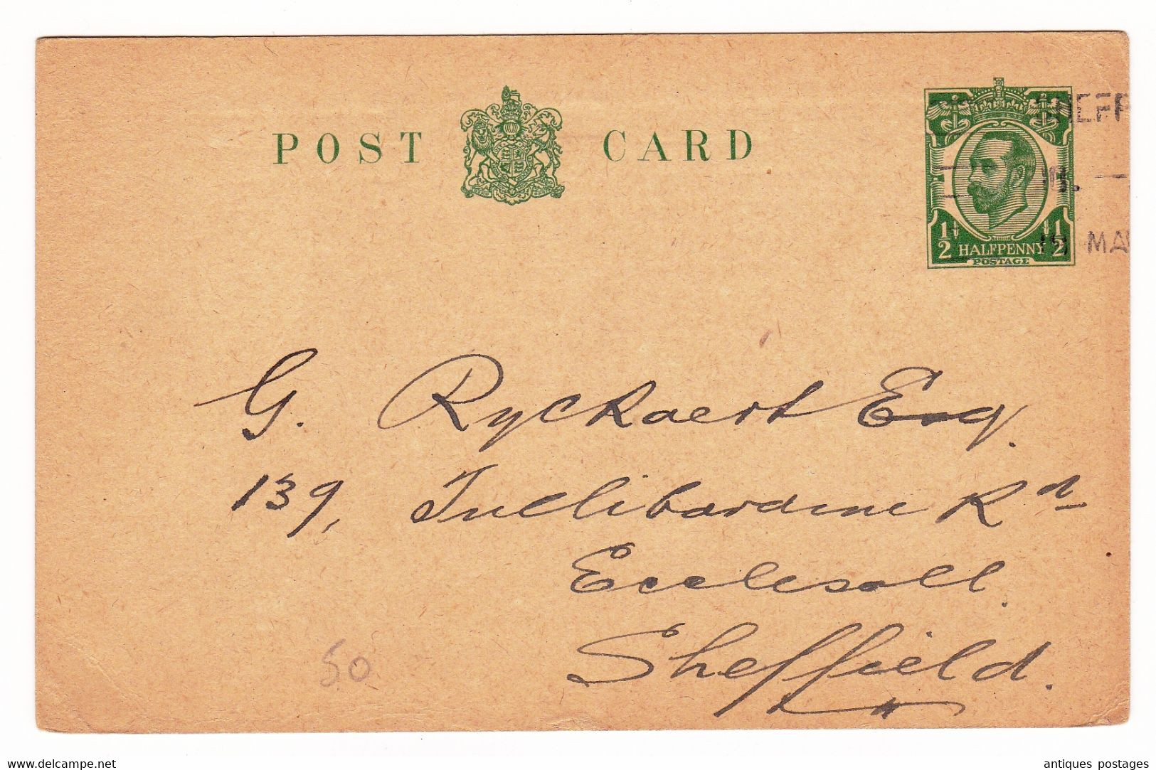 Post Card Sheffield 1916 Westbrook Bank England Half Penny King George V Halfpenny - Material Postal