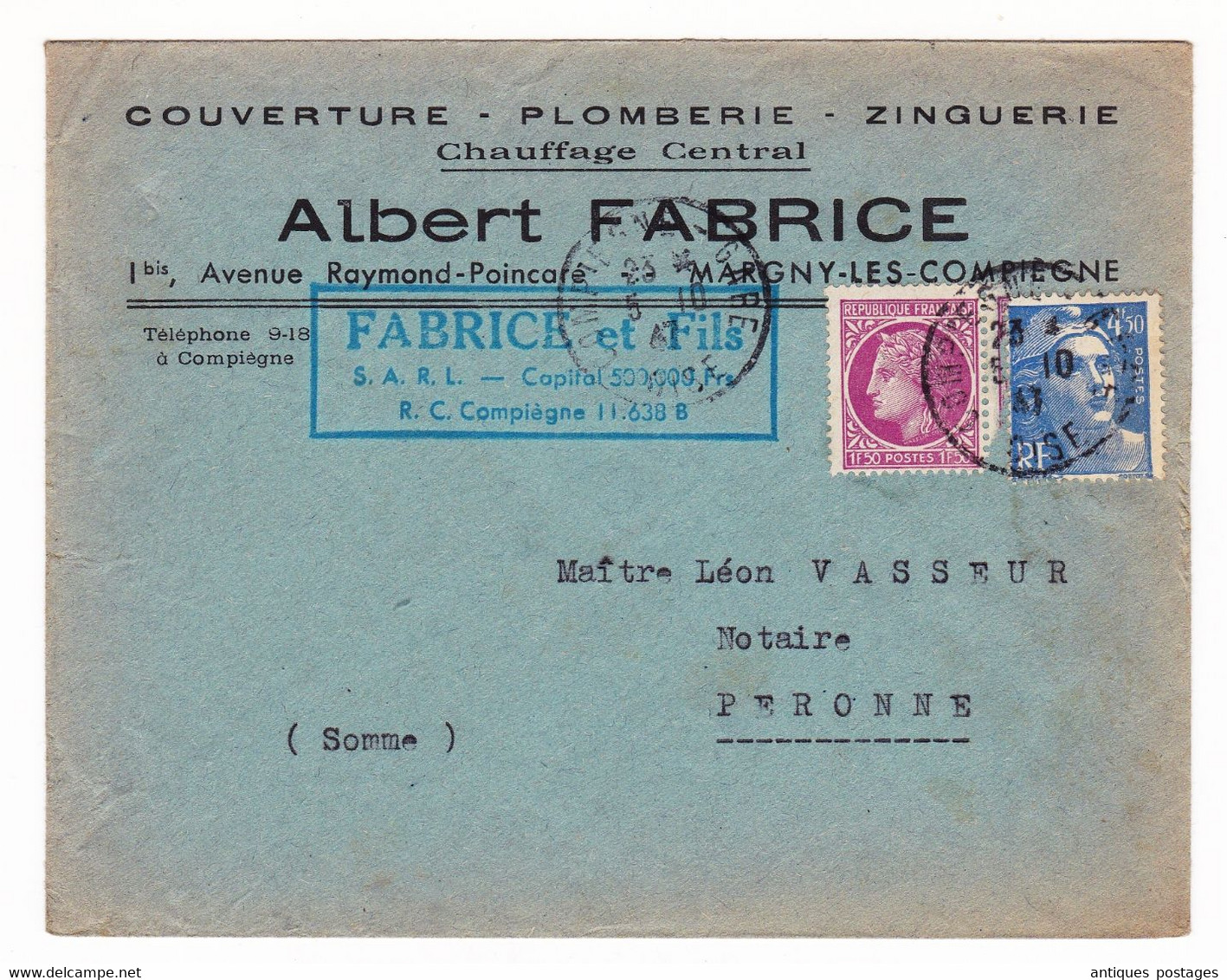 Lettre 1947 Margny Les Compiègne Oise Albert Fabrice Couverture Plomberie Zinguerie - 1945-54 Maríanne De Gandon