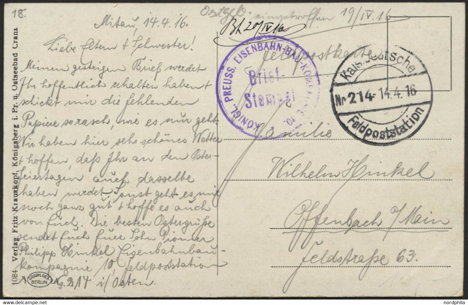 LETTLAND 2123 BRIEF, KAIS. DEUTSCHE FELDPOSTSTATION NR. 214, 14.4.16, Auf Ansichtskarte (Kowno) Von Mitau Nach Offenbach - Letland