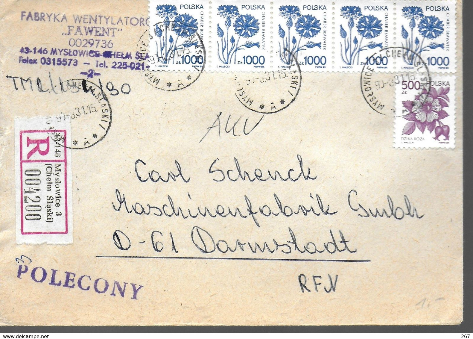 POLOGNE Lettre Recommandée 1990 Fleurs - Maschinenstempel (EMA)