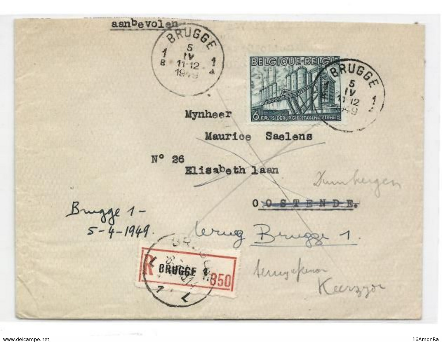 N°772 Obl. Sc BRUGGE 1 sur Lettre Recommandée Du 5-IV-1949 Vers Oostende + RETOUR (+ Verso : Etiquette INCONNU ONBEKEND) - 1948 Esportazione