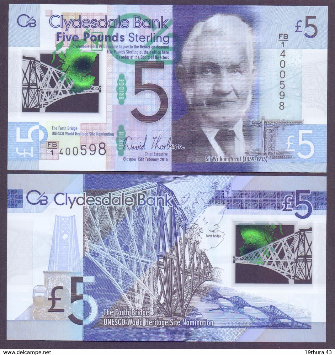 England / Schottland, 5 Pounds 2015, Mit Abb. "The Forth Bridgel", Plastiknote, Unc. - 5 Pounds