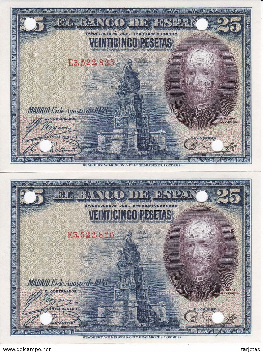 PAREJA CORRELATIVA DE 25 PESETAS AÑO 1928 DE LA REPUBLICA ESPAÑOLA SIN CIRCULAR (UNCIRCULATED) (INUTILIZADO-PERFORADO) - 1-2-5-25 Pesetas