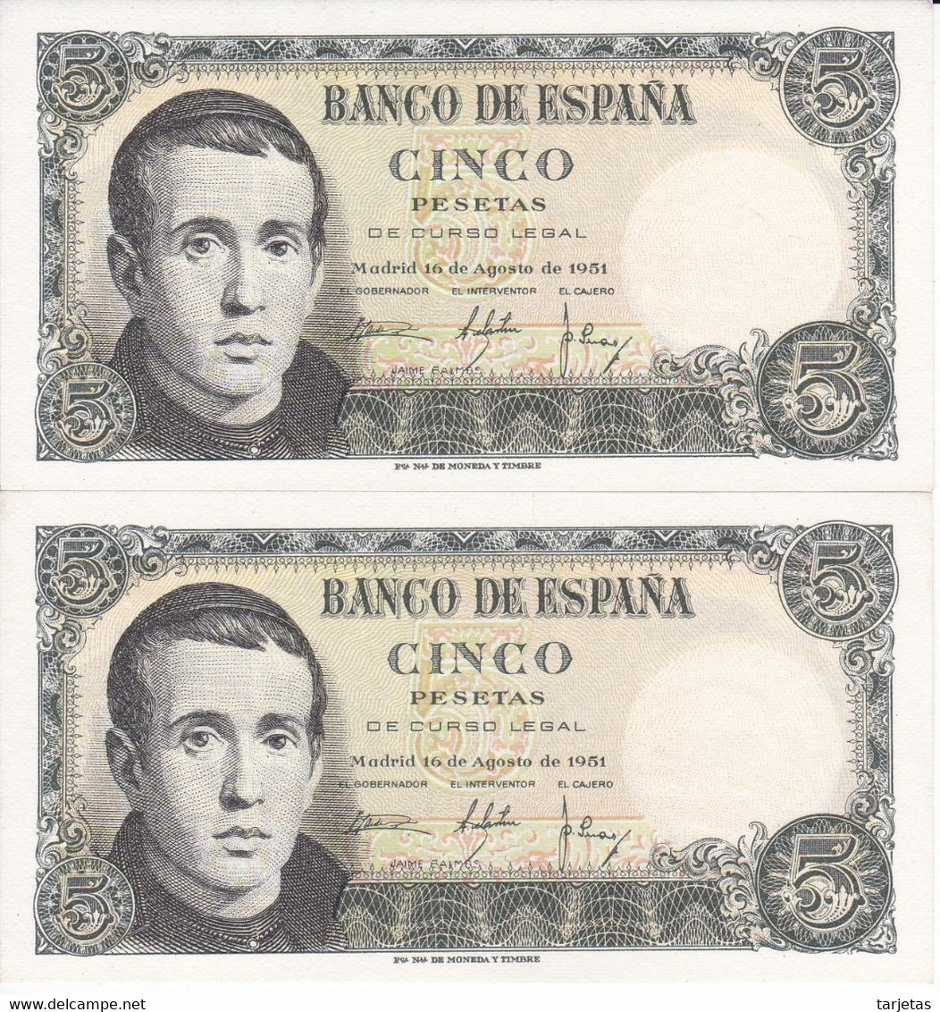 PAREJA CORRELATIVA DE 5 PTAS DEL 16/08/1951 SERIE 1F SIN CIRCULAR (UNCIRCULATED)   (BANKNOTE) - 5 Peseten