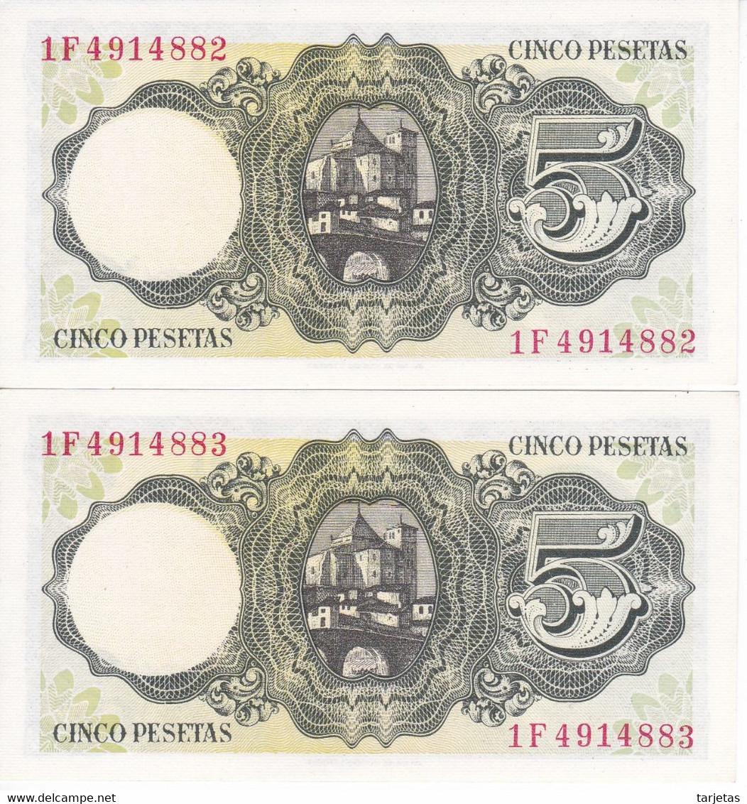 PAREJA CORRELATIVA DE 5 PTAS DEL 16/08/1951 SERIE 1F SIN CIRCULAR (UNCIRCULATED)   (BANKNOTE) - 5 Pesetas