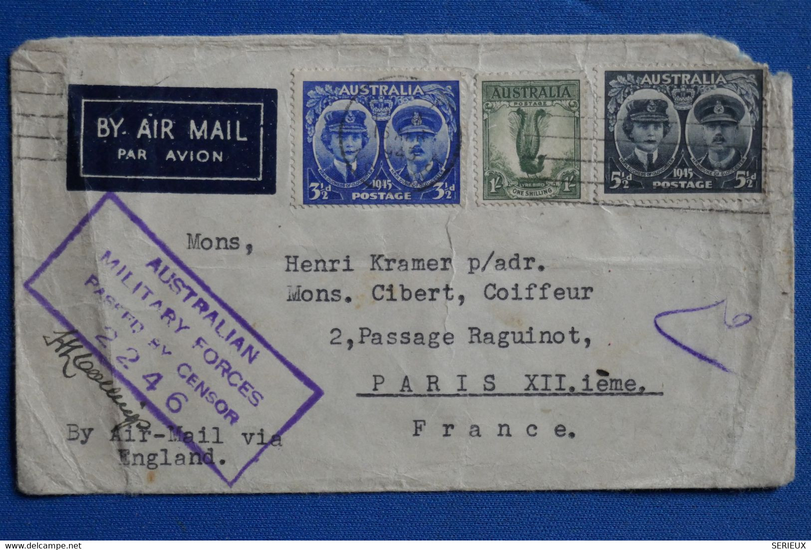 Y12 AUSTRALIE BELLE LETTRE CENSUREE 1943  POUR PARIS FRANCE VIA ENGLAND + AFFRANCHISSEMENT  PLAISANT - Brieven En Documenten