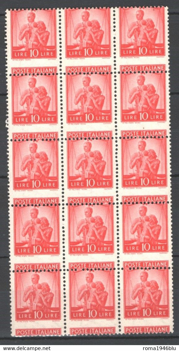 REPUBBLICA 1947 DEMOCRATICA 10 L. RARO BLOCCO DI 15 FRANCOBOLLI PREGEVOLE VARIETA' N. 559u '** MNH  C. DIENA - Errors And Curiosities