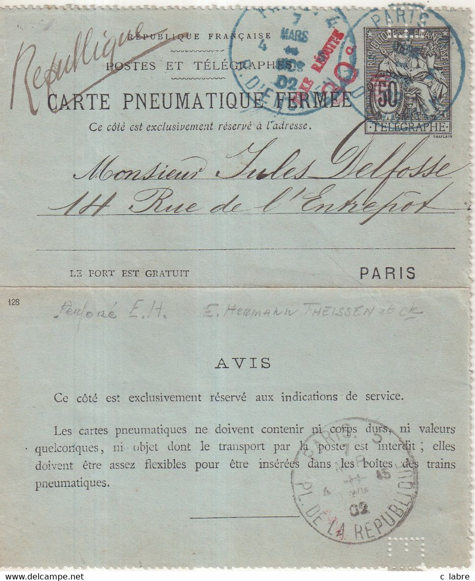 FRANCE : ENTIER .POSTAL . 50 Cts . TYPE CHAPLAIN . OBL . PERFORE EH . " E HERMANN THIESSEN " . 1902 . - Pneumatiques