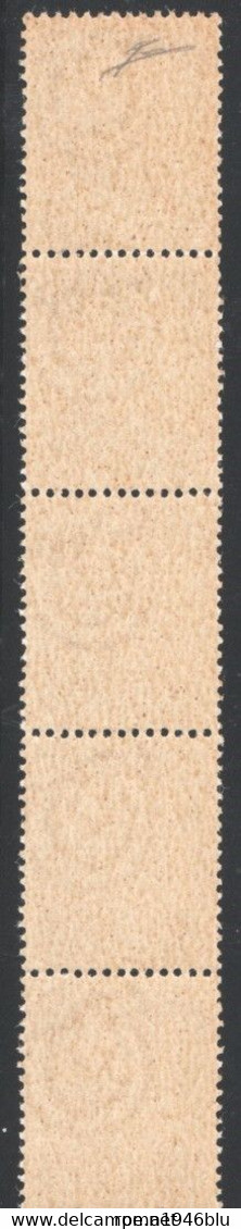 REPUBBLICA 1946 DEMOCRATICA 5 L. STRISCIA VERTICALE DI 5 FRANCOBOLLI PREGEVOLE VARIETA N. 555G ** MNH C.  DIENA - Abarten Und Kuriositäten