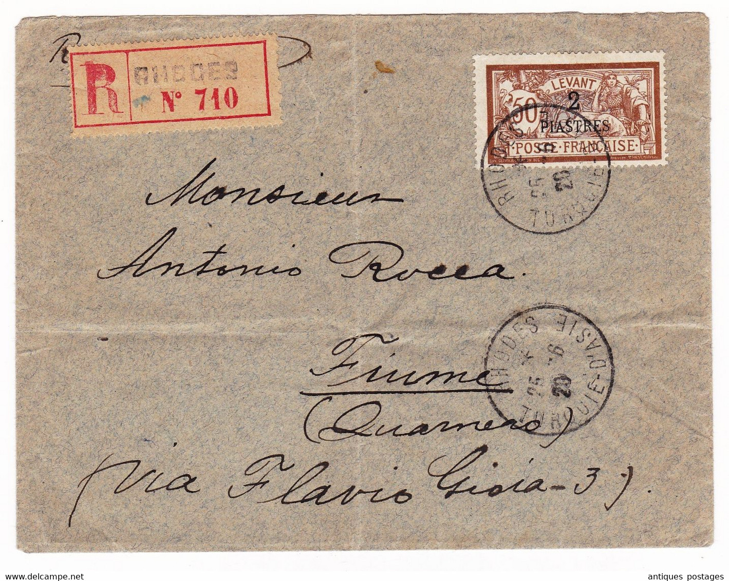 Lettre Recommandée 1920 Rhodes Cachet Rhodes Turquie Asie ​​​​​​​Cargo Vapeur Sidi Abdallah Bureaux Levant Fiume Croatie - Storia Postale